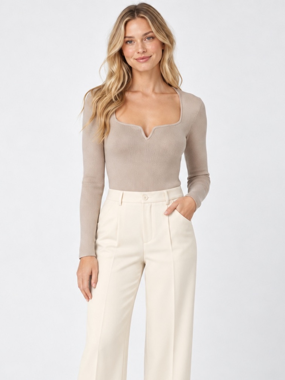 Abercrombie & Fitch Long Sleeve Sweetheart Notch Neck Bodysuit Beige Large NWT